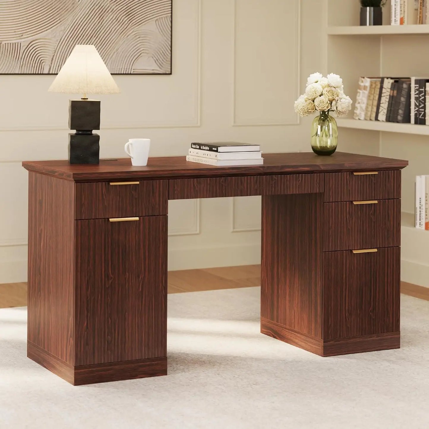 ZHUOTING Fluted Modern Executive Desk With File Cabinet Drawers