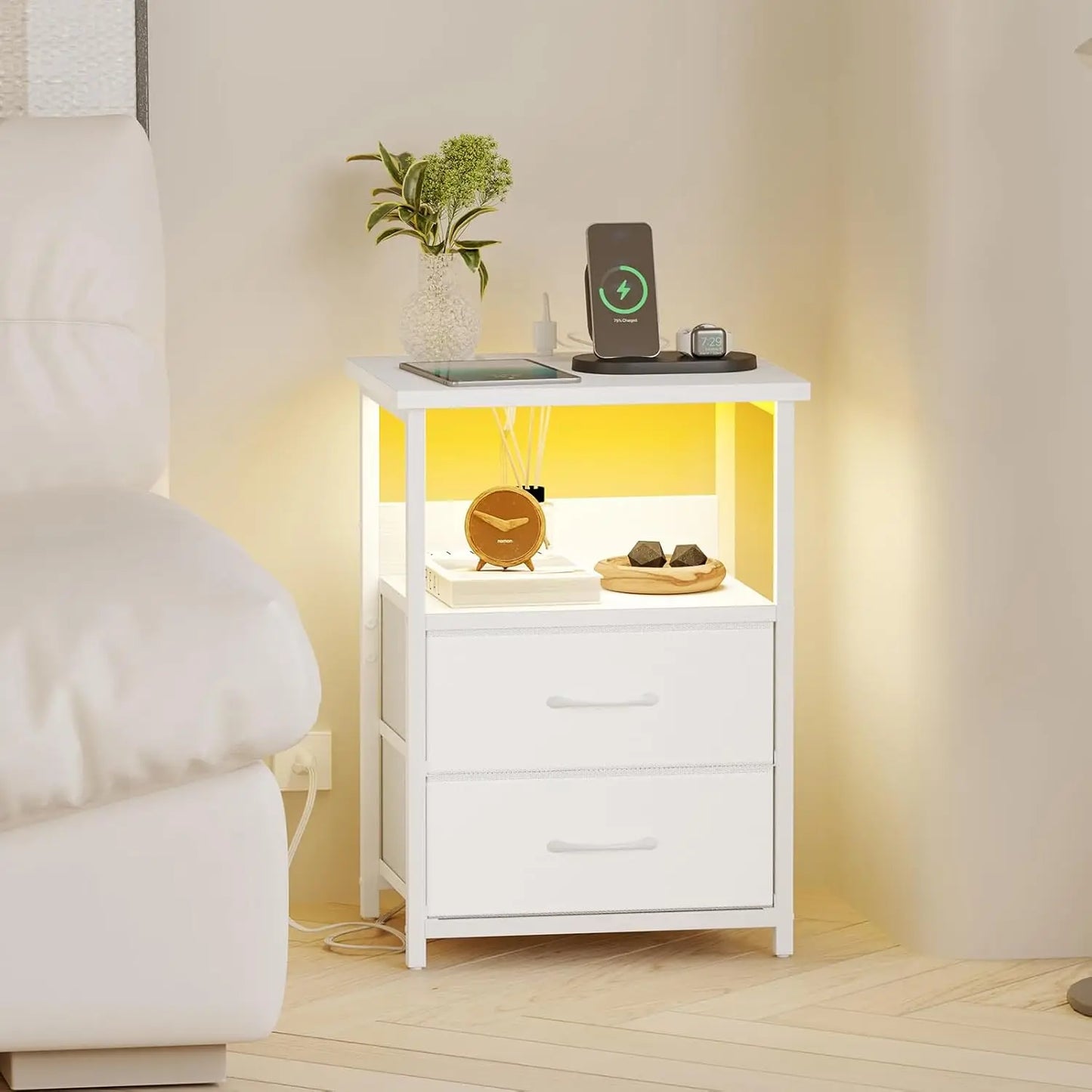 Drawer Nightstand Set of 2 With Charging Station LED