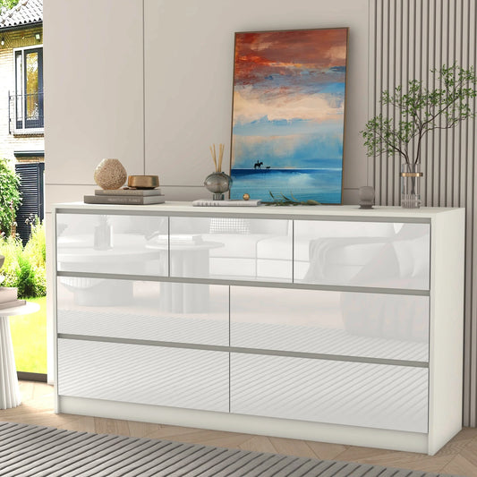 7 Drawer Dresser, 55 Inch Modern Dresser with High Gloss Drawers