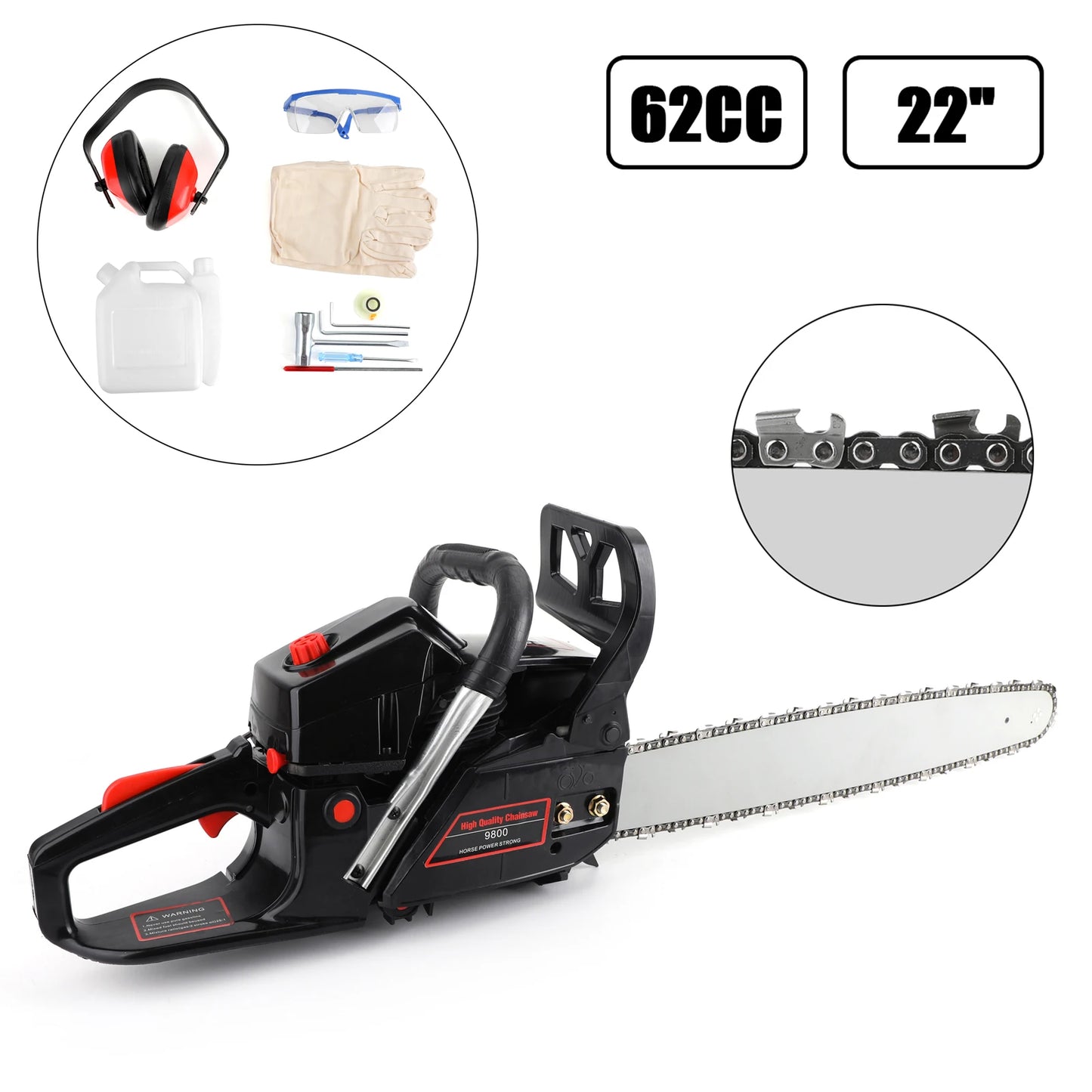 Artudatech 62cc Gas Chainsaw 22" Bar Gasoline Powered Chain Saw 2 Cycle Engine Cutting