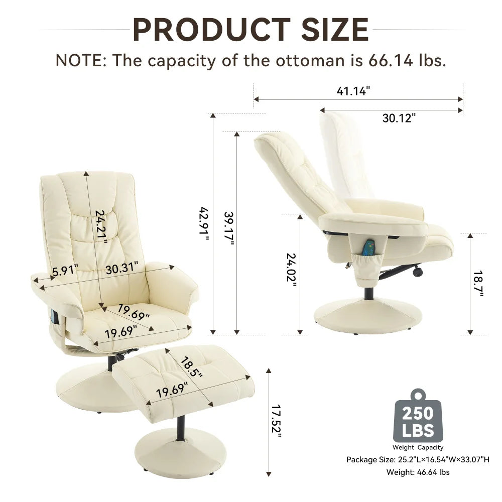 MLG Recliner Chair with Ottoman -360°Swivel Massage Lounge Chair with 5-Point Vibration&Heated Seat,Home Theater or Office,Beige