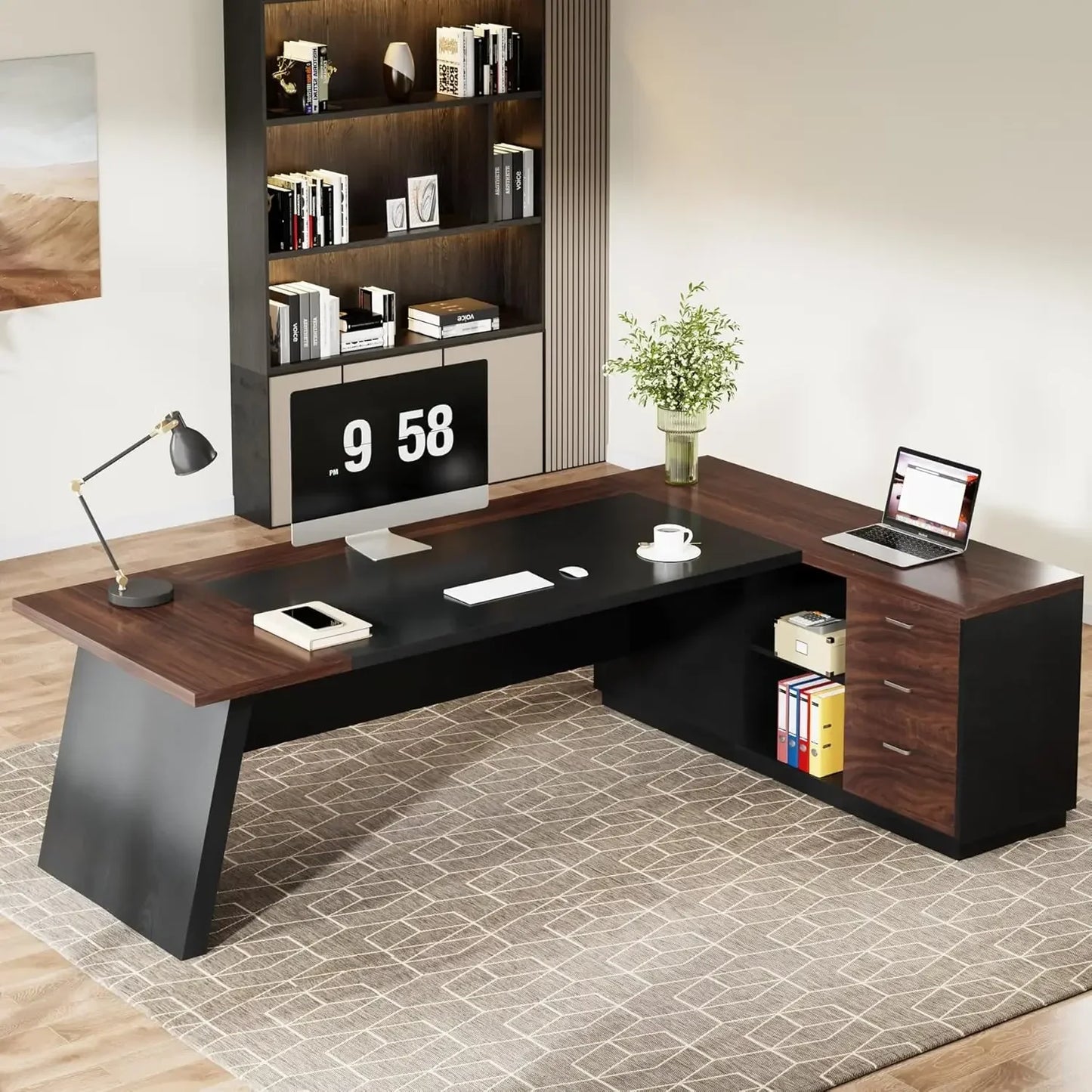 XMSJ L Shaped Executive Desk With Storage Shelves System