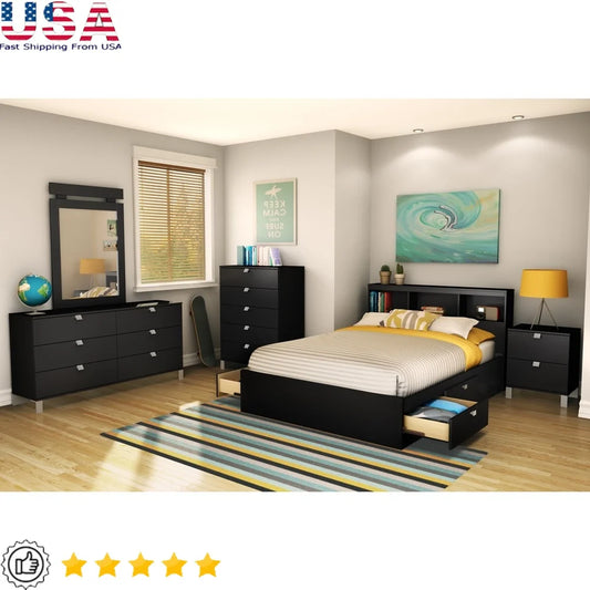 Contemporary Full Headboard Bed Frame with Bookcase Storage Compartments Ideal for Organizing Electronics