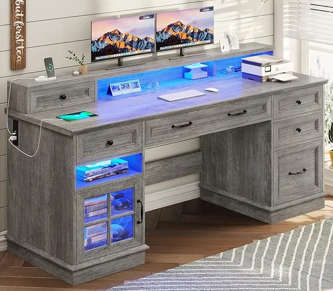 Farmhouse Executive Desk With File Drawers And Charging Station