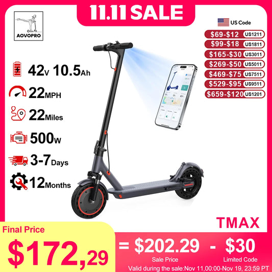 AOVOPRO TMAX Electric Scooter 500W 22MPH Folding App Enabled