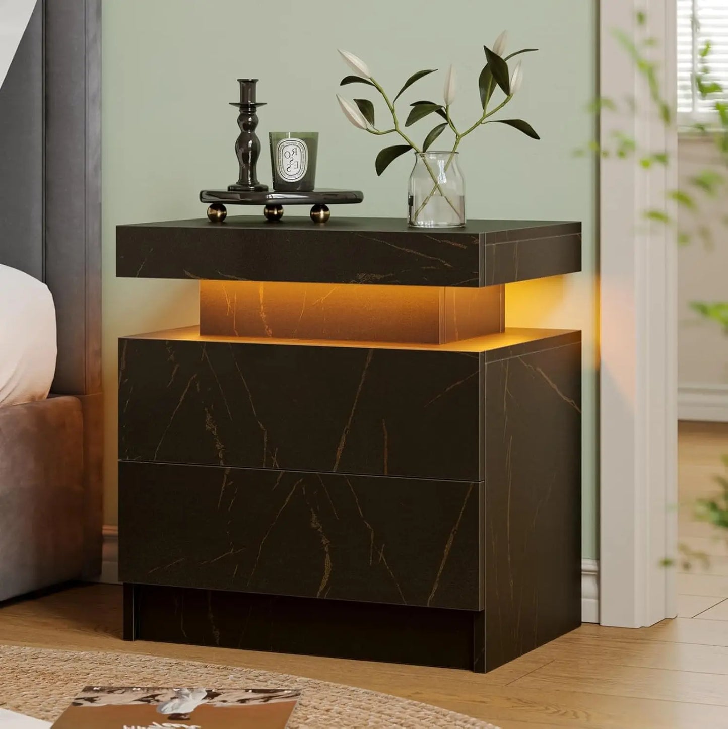 ANGDUO Modern Nightstand With 2 Wood Drawers For Bedroom