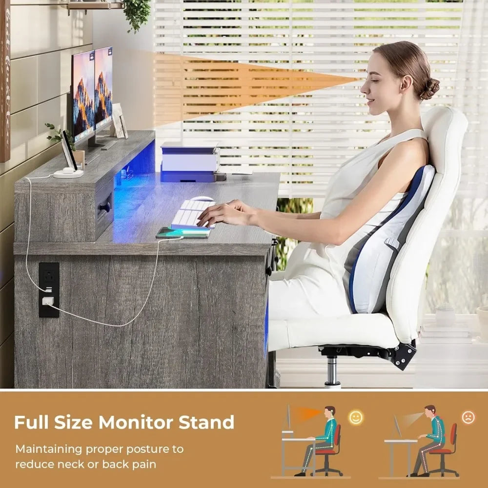 Farmhouse Executive Desk With File Drawers And Charging Station