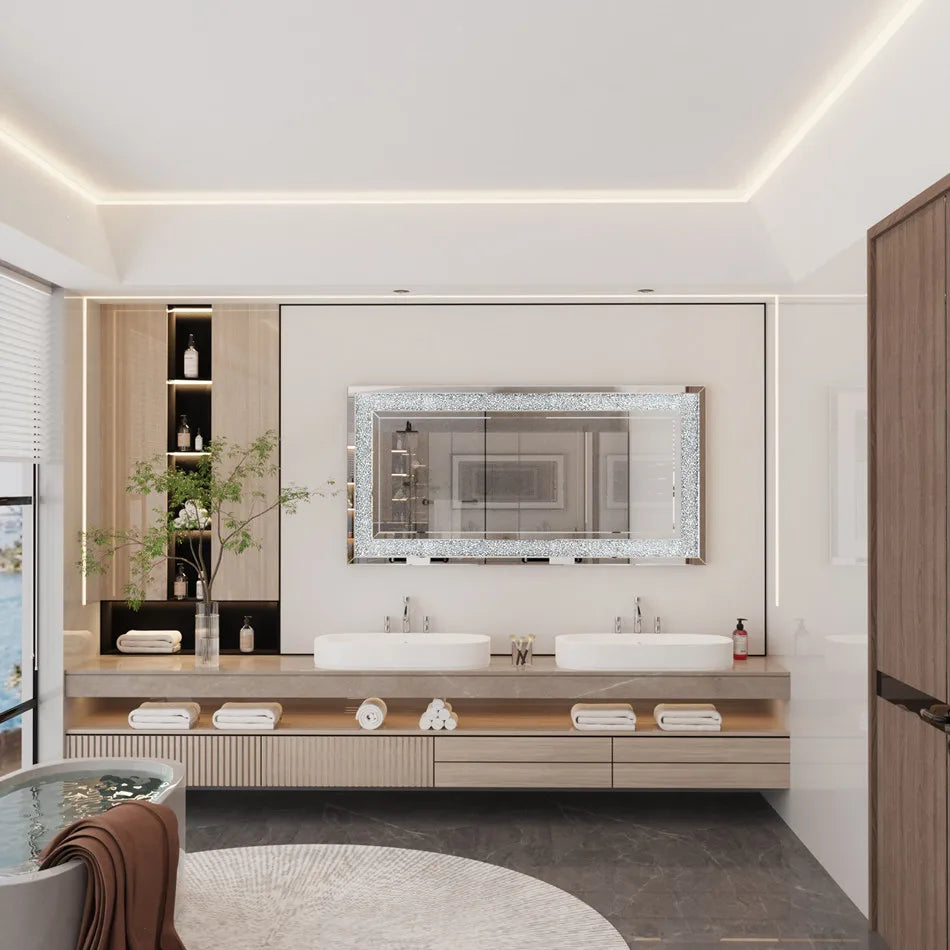 Luvodi Frameless Vanity Mirror Sparkling Crystal Rhinestones Wall Mount