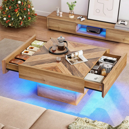 Square LED Coffee Table with 2 Drawers for Modern Living Room