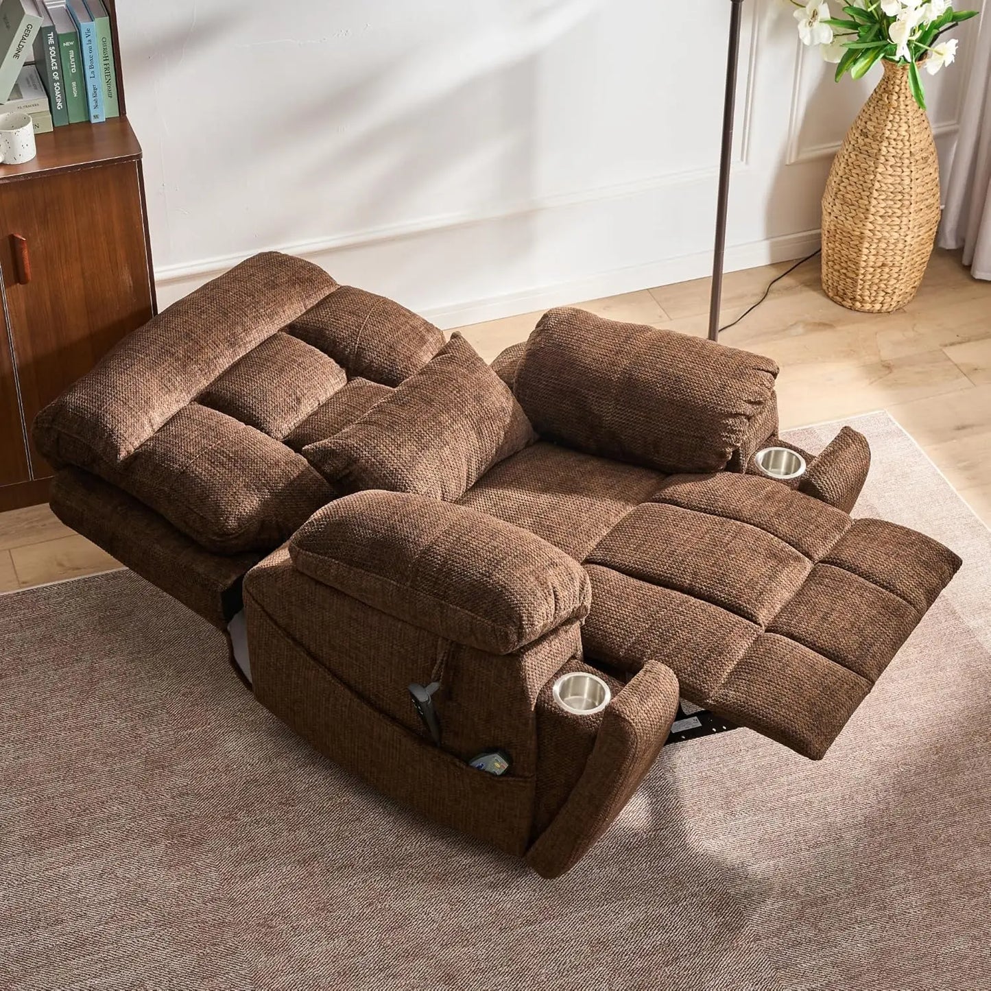 Oversized Power Lift Recliner for Elderly - Infinite Position Lay Flat Lift Chair with Heat & Massage Lumbar Pillow Cup Holders