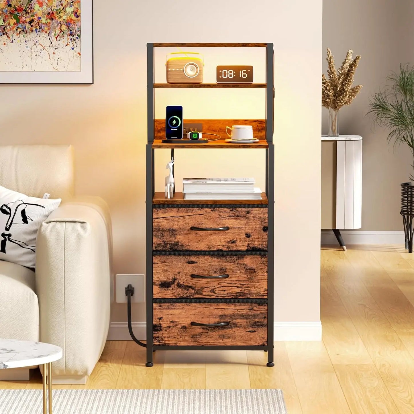 Drawer Nightstand With Shelves Fabric Drawers And Charging Station