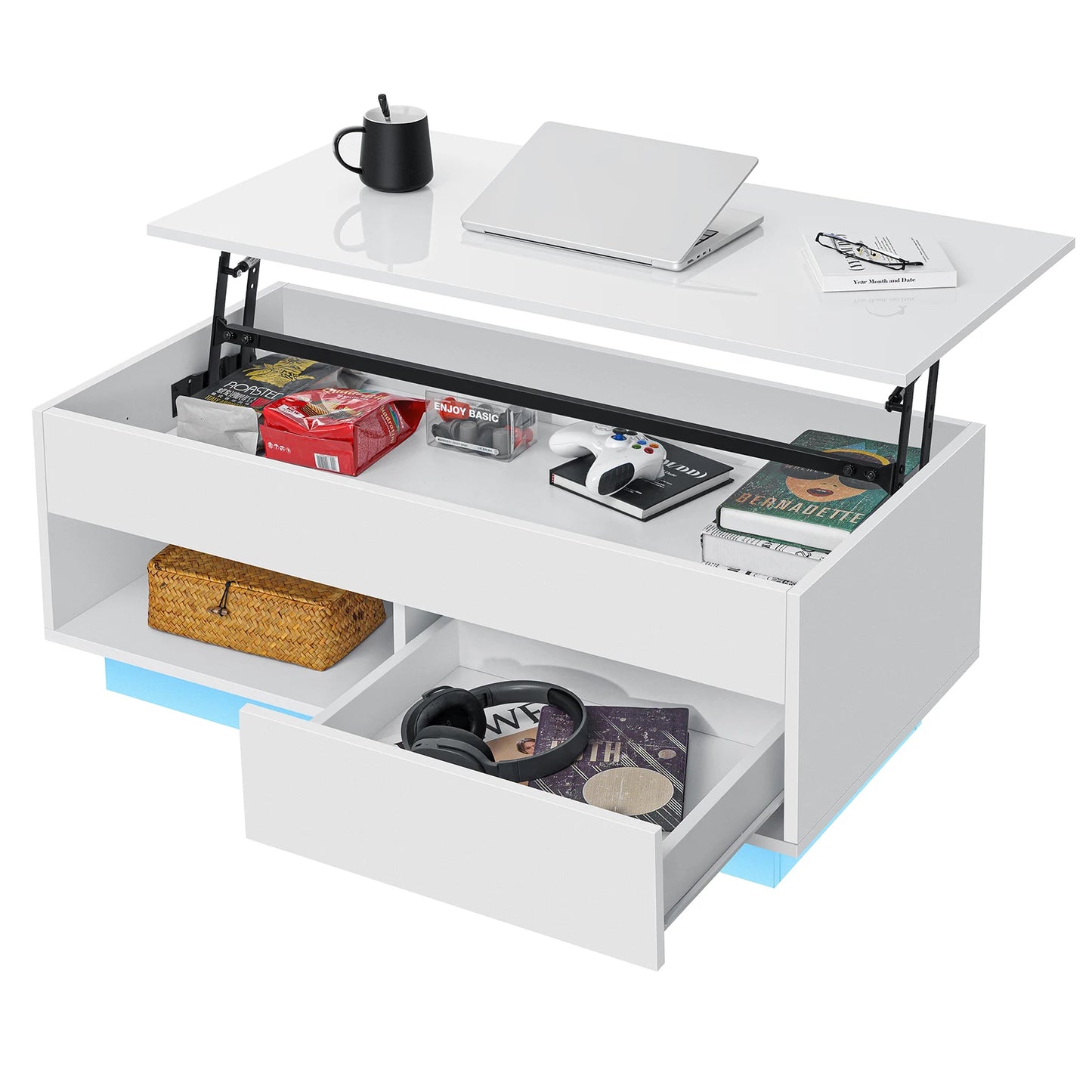 LED Lift Top Coffee Table with RGB Lights 2 Drawers USB Power Versatile Storage Compartment Adjustable Height Living Room Table