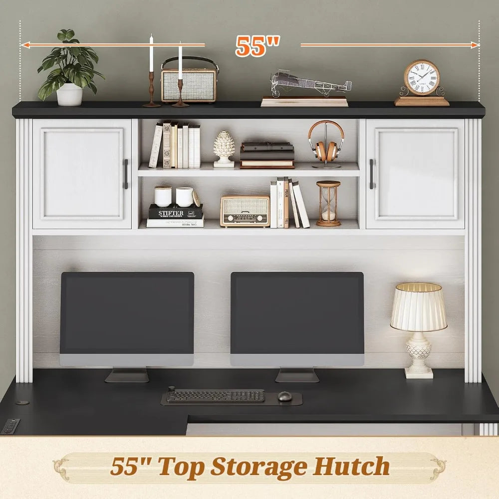 MKDK Farmhouse L Shaped Desk With Hutch And Drawers