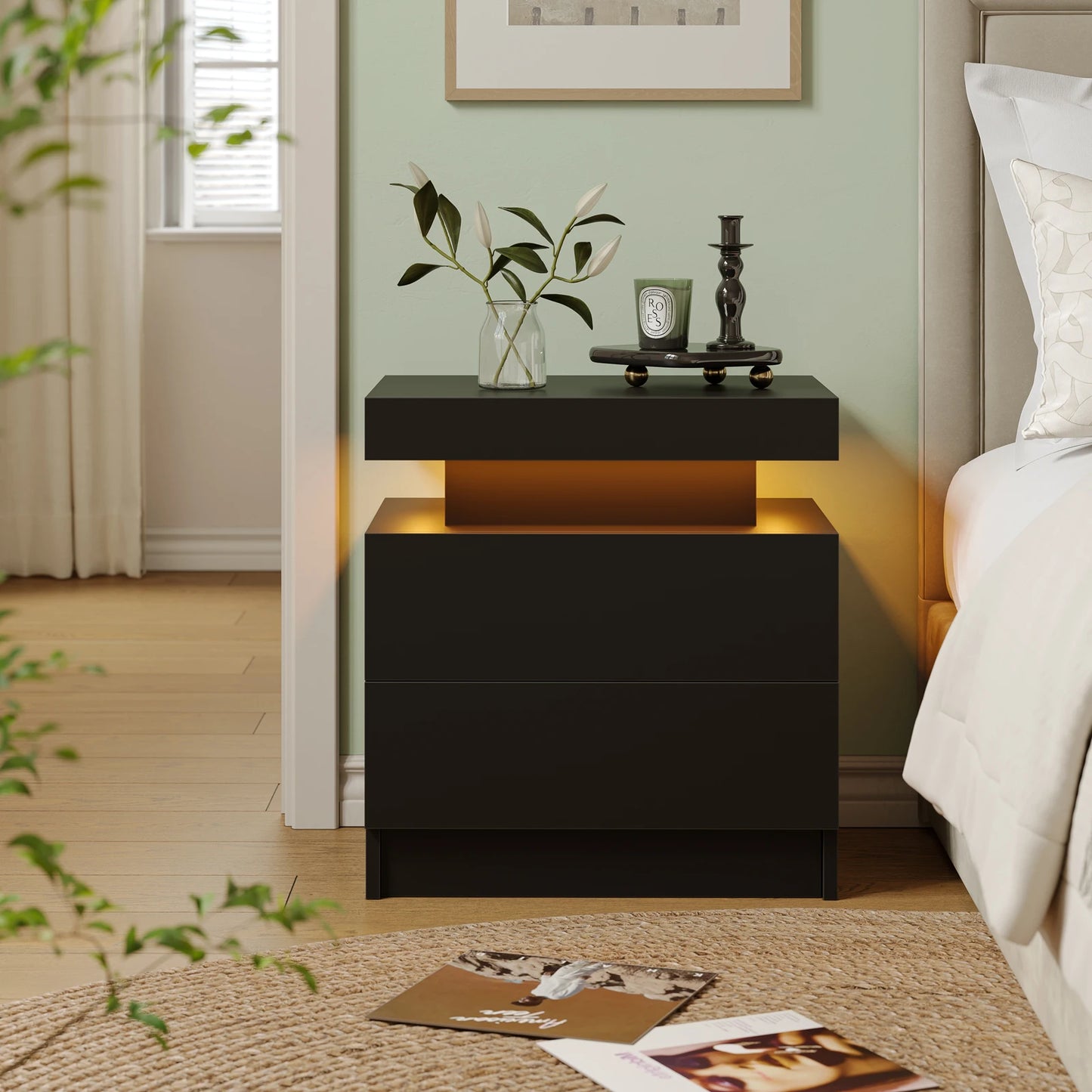 Cubehom LED Nightstand With 2 Drawers For Bedroom Furniture