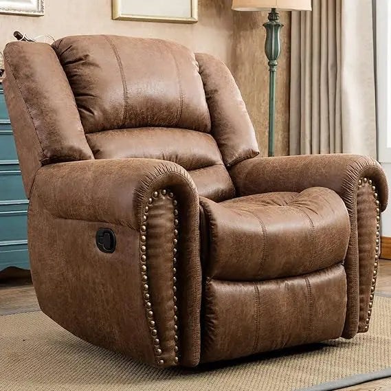 Leather Recliner Chair, Classic and Traditional Manual Recliner Chair with Comfortable Arms and Back Single Sofa for Living Roo