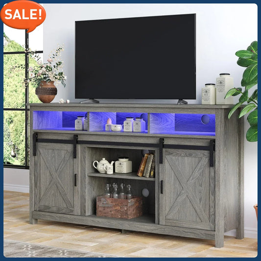 65 inch TVs, Rustic Entertainment Center TV Cabinet Stands with Power Outlets,Shelves Wash Grey