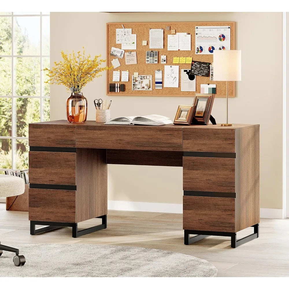Modern Wood Administrative Desk With USB Charging And Drawers