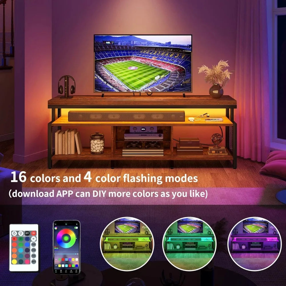 LED Television Stands w/Power Outlets for 70/65 inch, Modern Industrial TV Stand, Entertainment Center w/Open Storage, Entertai