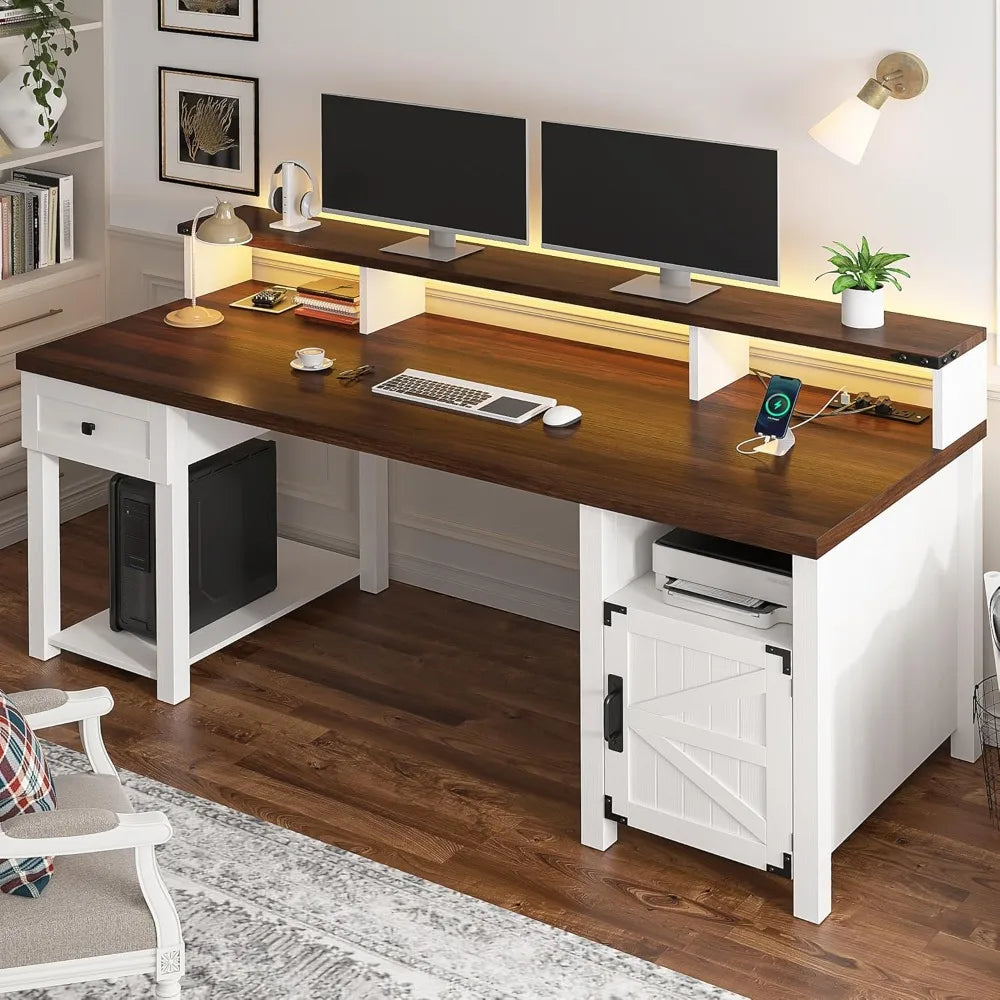 Ticify Farmhouse Desk With Drawer And Power Outlets