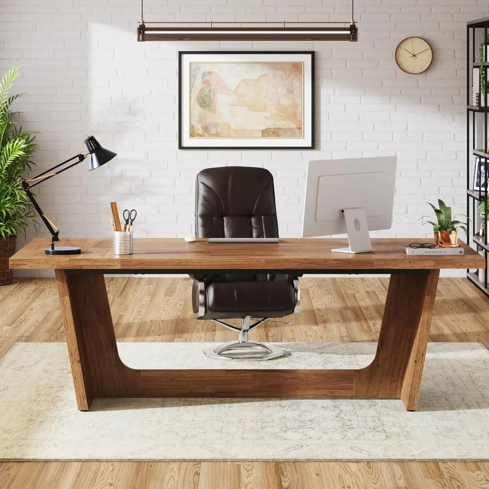 MKDK Executive Home Office Desk With Solid Wood Pedestal