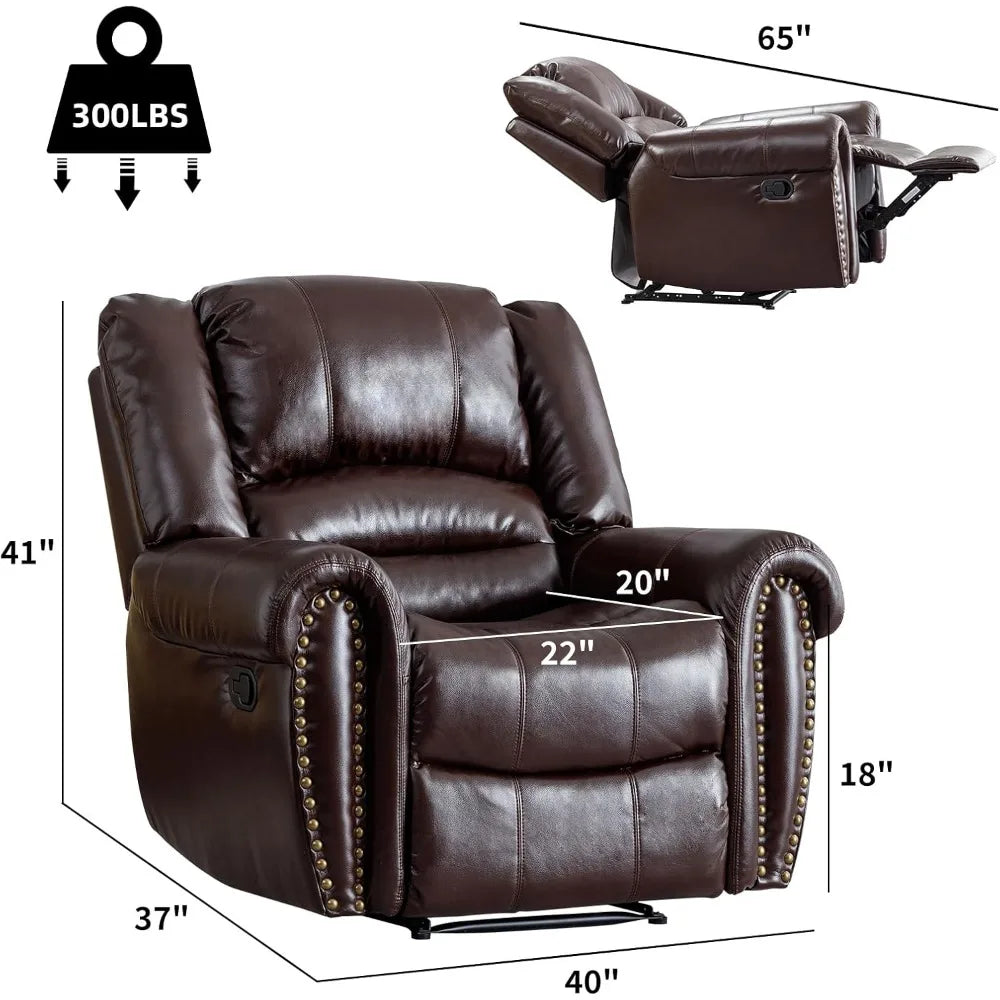 Leather Recliner Chair, Classic and Traditional Manual Recliner Chair with Comfortable Arms and Back Single Sofa for Living Roo