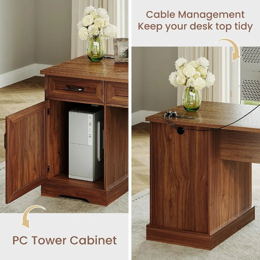 Hign-concerned Farmhouse Office Desk With Builtin File Cabinet Drawers