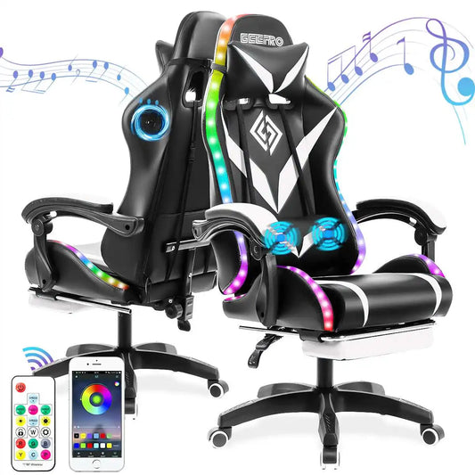 135 Degrees Gaming Chair with RGB Lights Bluetooth Speaker Ergonomic Swivel Recliner with 2 Point Massage