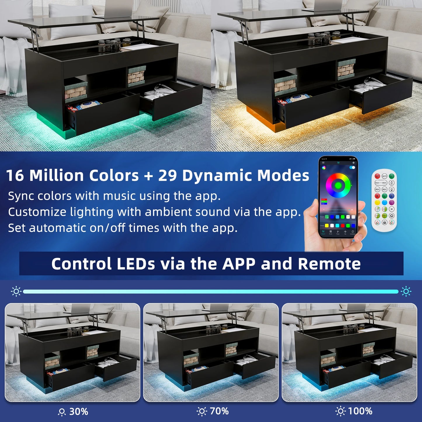 LED Lift Top Coffee Table with RGB Lights 2 Drawers USB Power Versatile Storage Compartment Adjustable Height Living Room Table