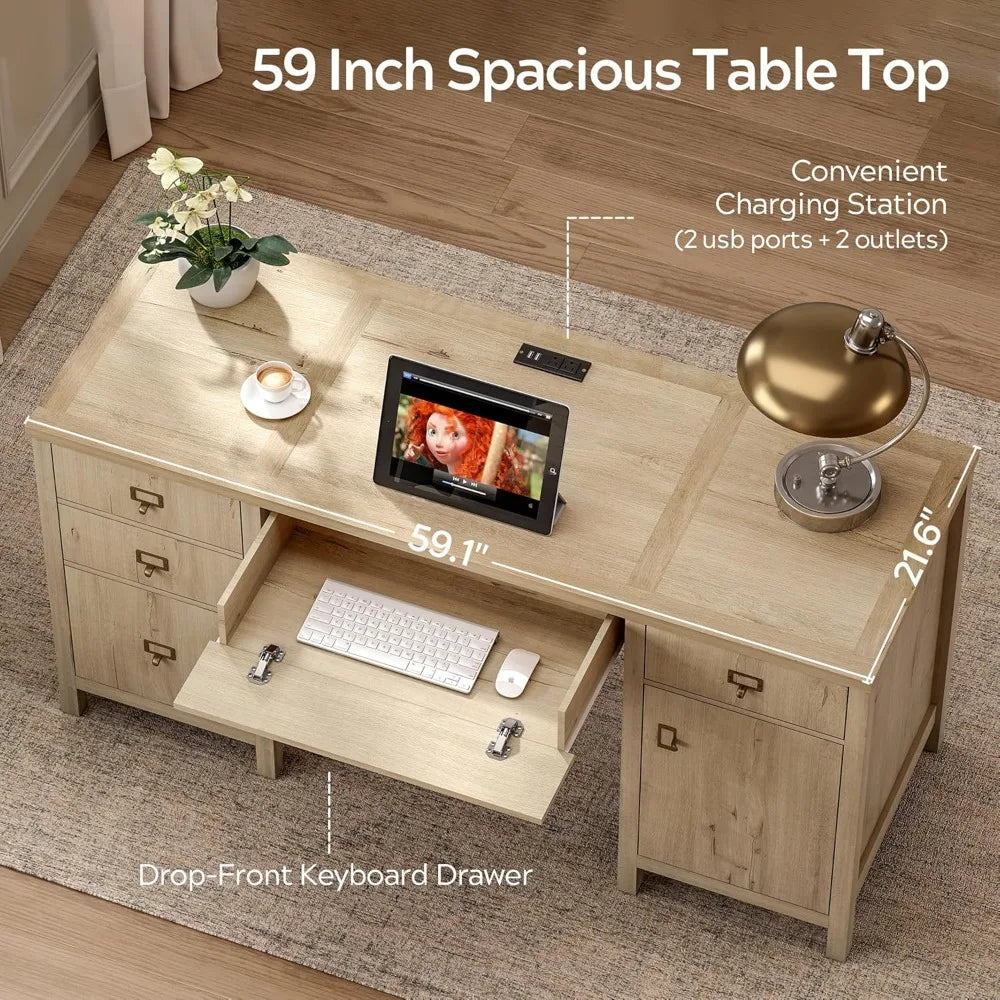 HUANZHUANG Modern Executive Desk With File Drawers And Charging