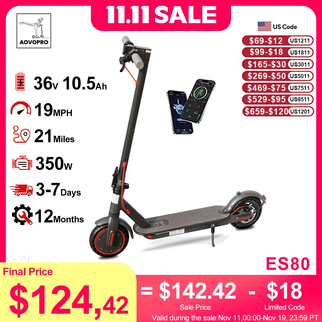 AOVOPRO ES80 Electric Scooter 350W 40 60Km Range App