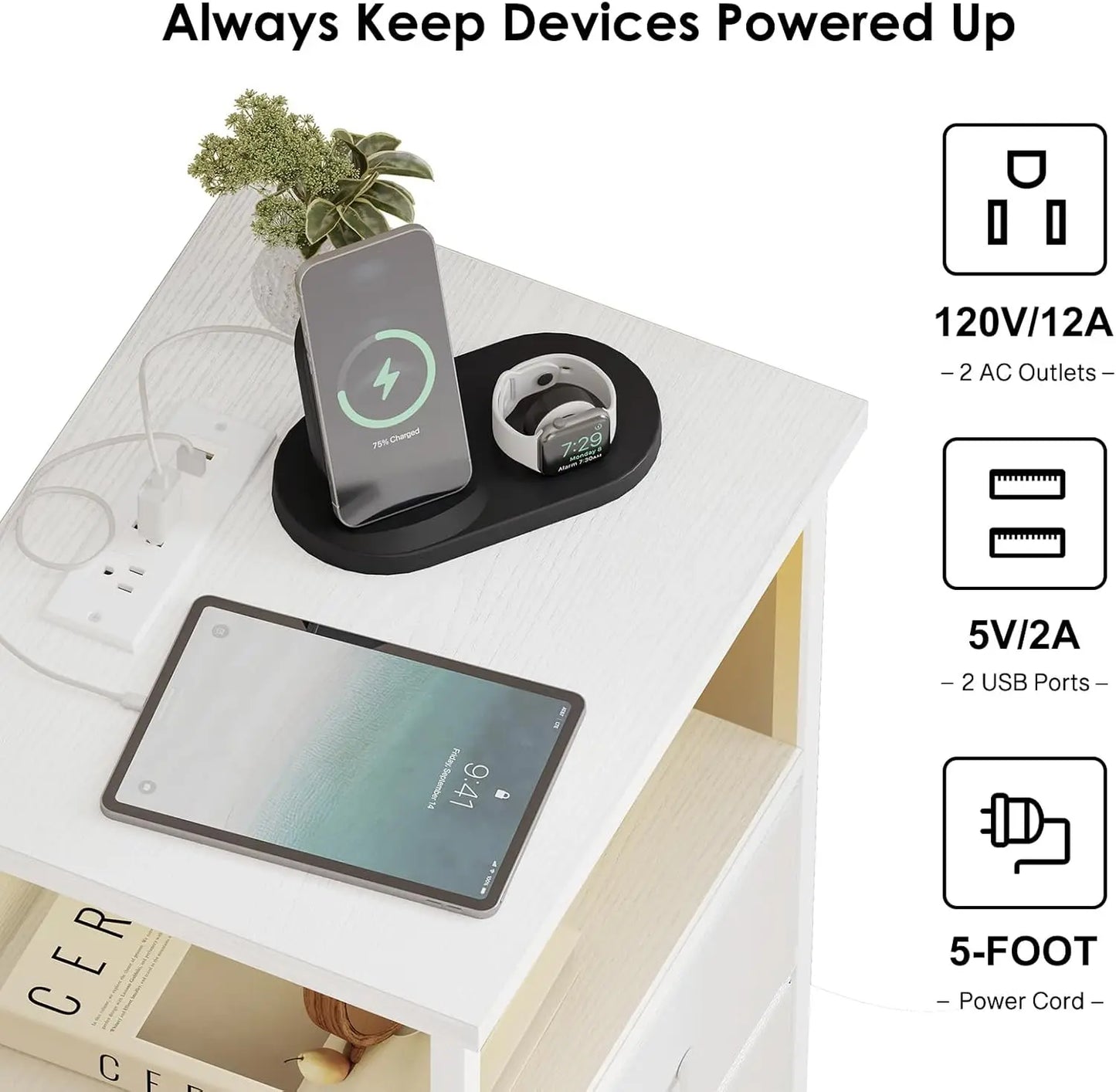 Drawer Nightstand Set of 2 With Charging Station LED