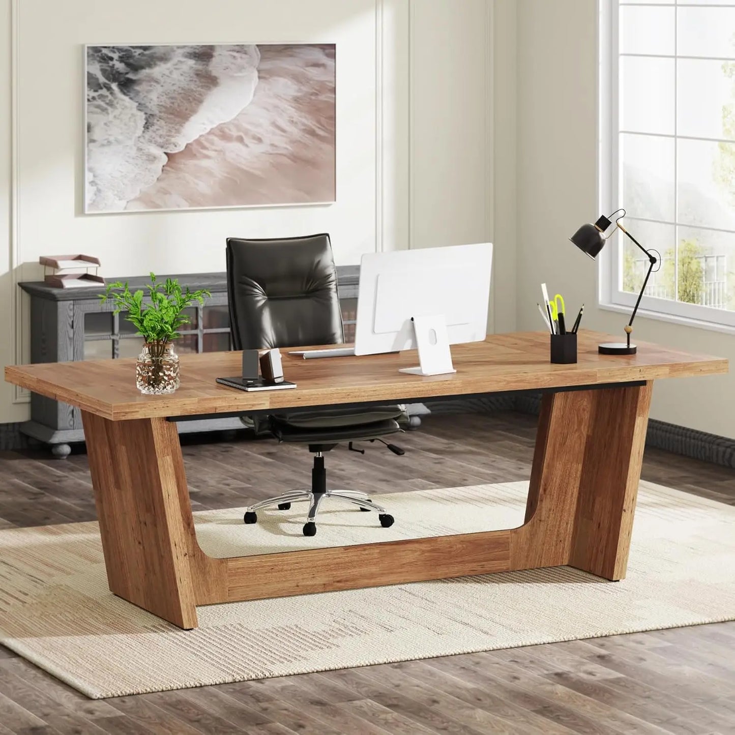 MKDK Executive Home Office Desk With Solid Wood Pedestal