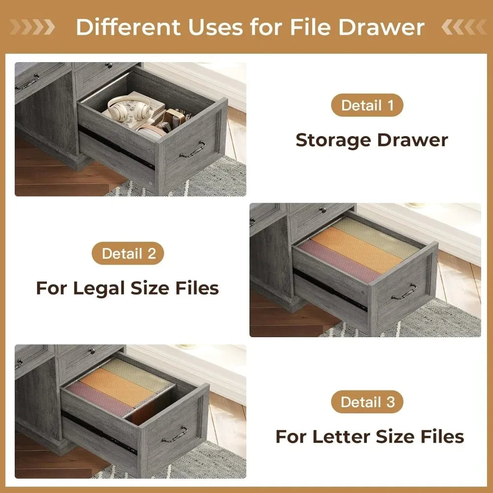 Farmhouse Executive Desk With File Drawers And Charging Station