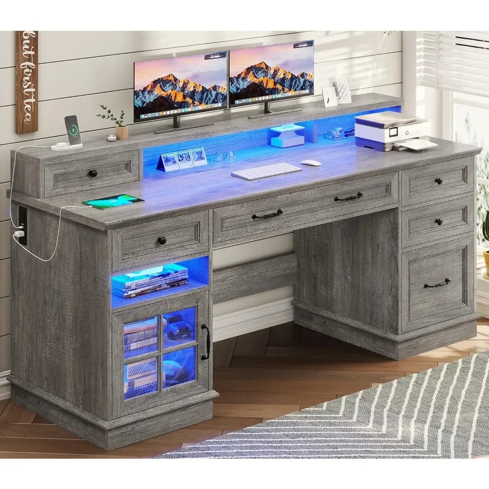 Farmhouse Executive Desk With File Drawers And Charging Station