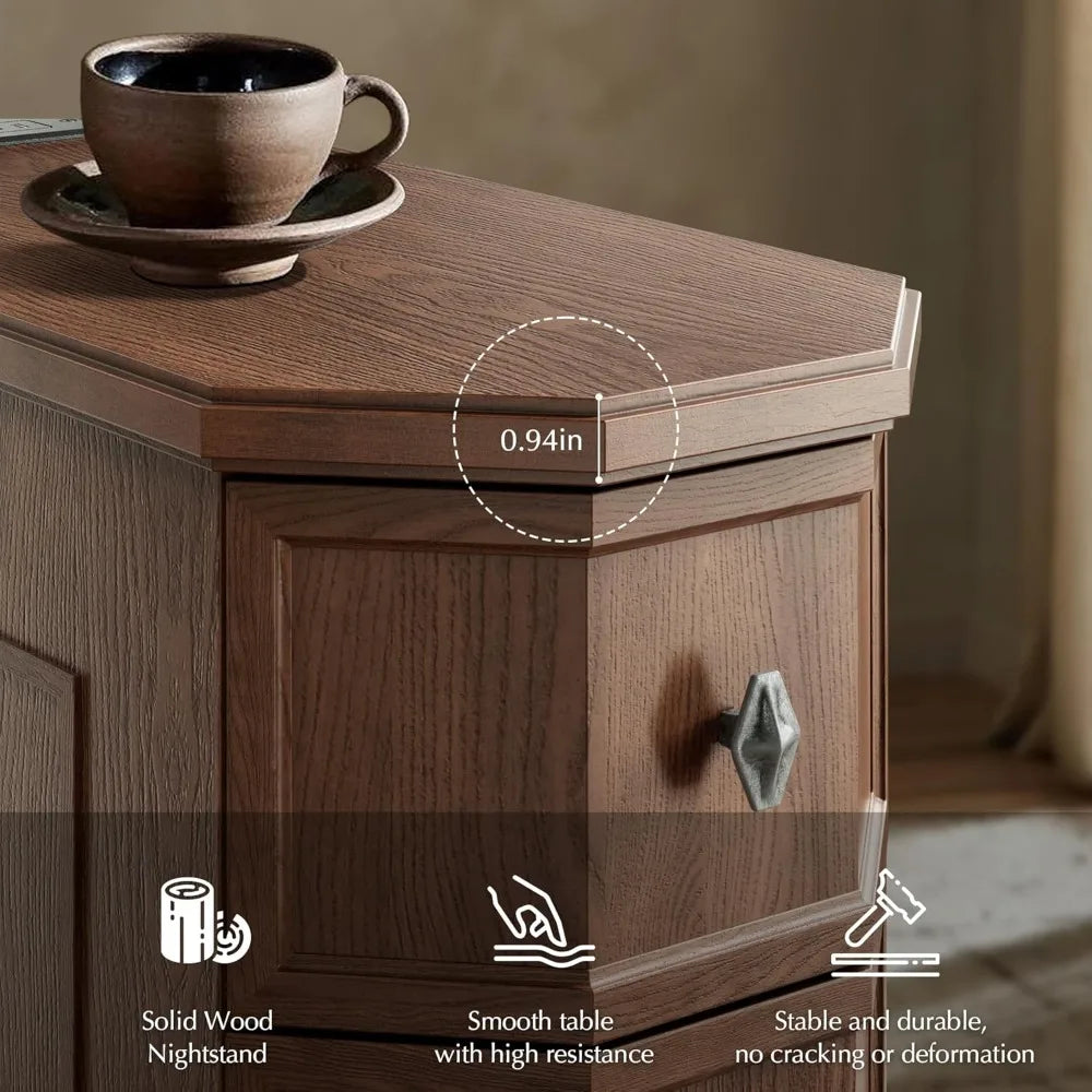 HUANZHUANG Nightstand With Charging Station End Table Vintage Style