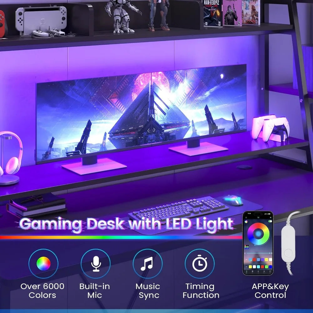 LZJV LED Gaming Desk With Hutch And Storage Shelves