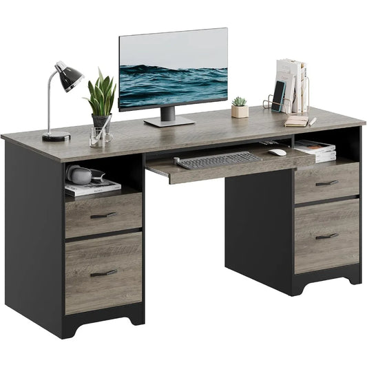 Modern Industrial Desk With File Drawers And Keyboard Tray