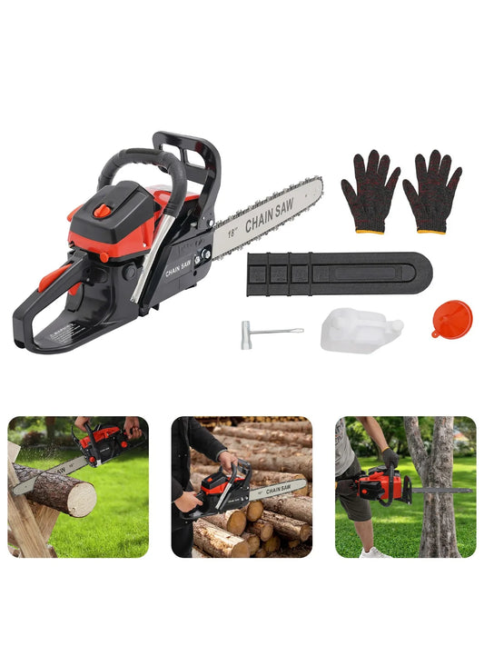 18 inch Chainsaw Gas Powered 2-Stroke 58CC 4.4HP Handheld Cordless Gasoline Chain Saws for Trees Wood Forest Cutting