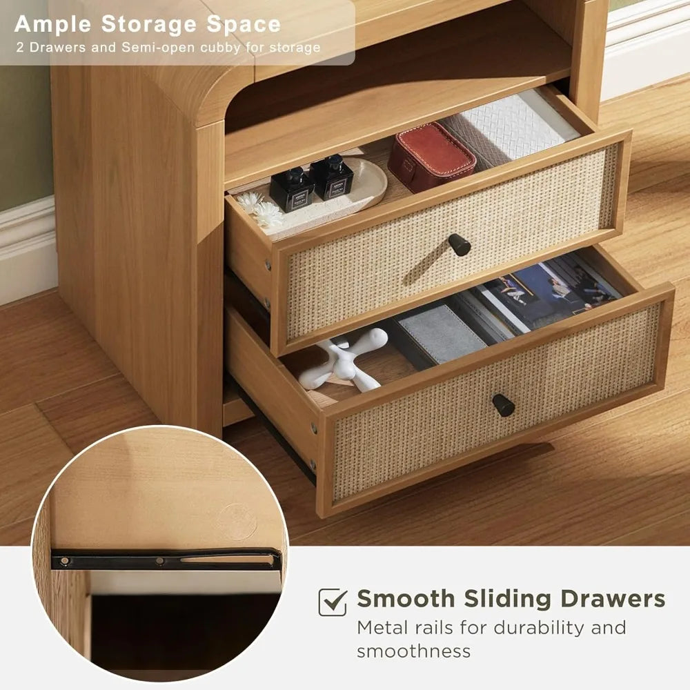 ANGDUO Rattan Nightstand Set of 2 With Charging Station