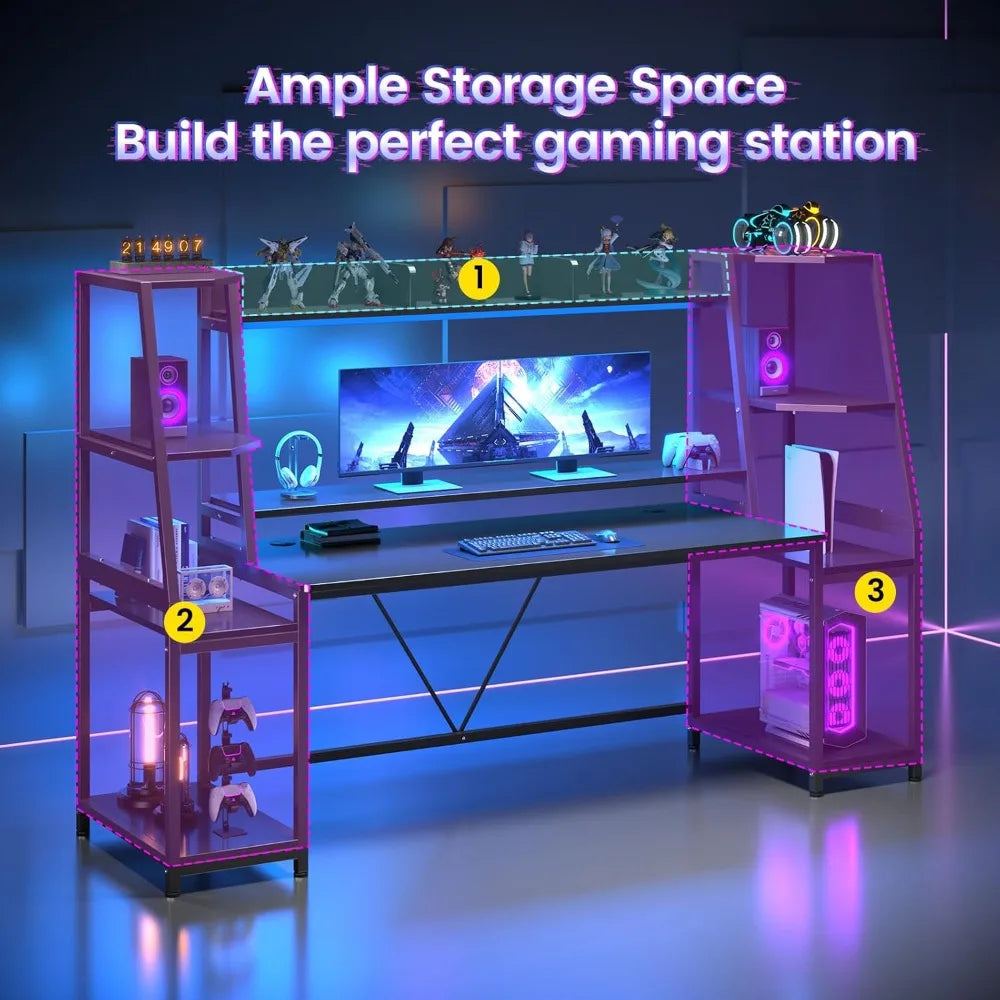 LZJV LED Gaming Desk With Hutch And Storage Shelves