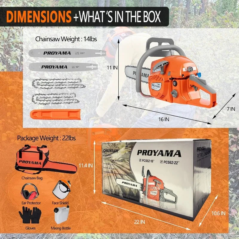 62CC 2-Cycle Gas Powered Chainsaw, 22 Inch 18 Inch Handheld Cordless Petrol Chain Saw for Tree Wood Cutting