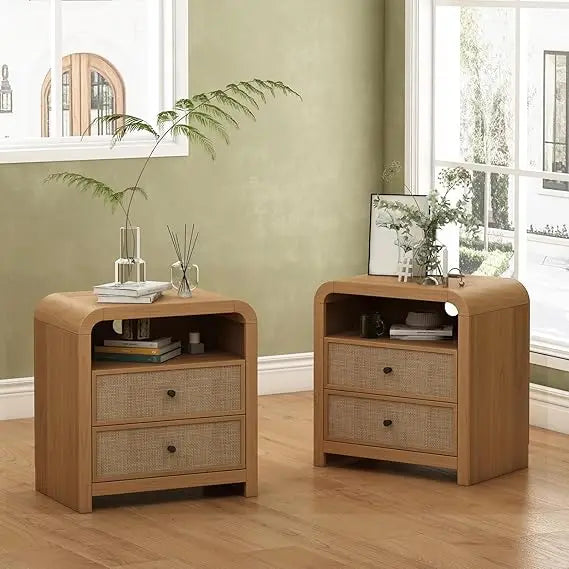 ANGDUO Rattan Nightstand Set of 2 With Charging Station