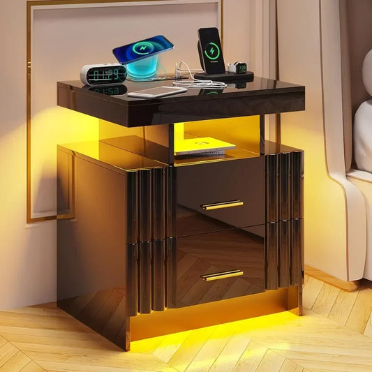 **Smart LED Nightstand Set with Charging Station and Drawers**