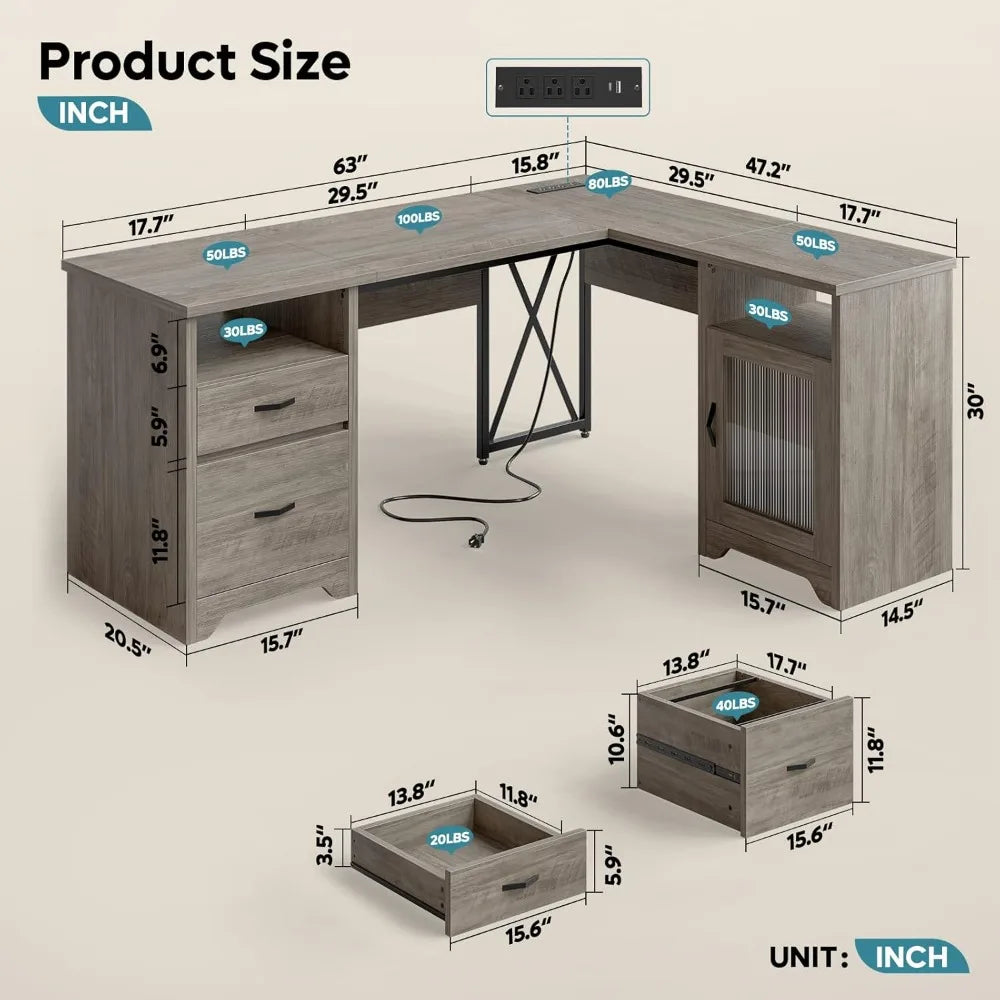 HUANZHUANG L Shaped Farmhouse Desk Hutch And Charging Station