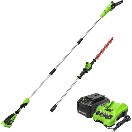 24V Brushless 10" Cordless Polesaw + Pole Hedge Trimmer Combo (Great For Pruning and Trimming Branches / Shrubs), 4.0Ah Battery