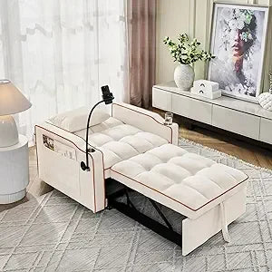 3 in 1 Convertible Sleeper Chair Bed with USB Ports, Cup Holder and Phone Stand, Velvet Pull Out Futon Sofa Beds, Adjustable Bac
