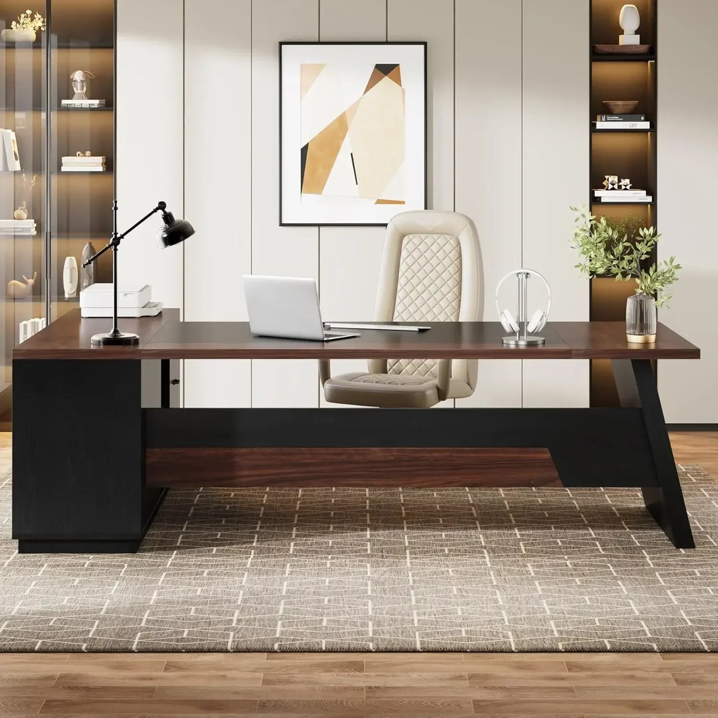 XMSJ L Shaped Executive Desk With Storage Shelves System