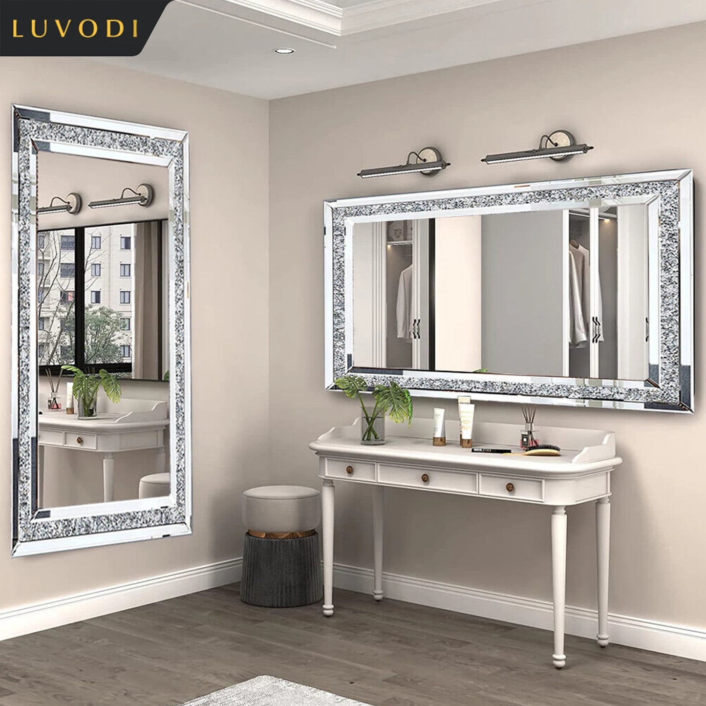 Luvodi Frameless Vanity Mirror Sparkling Crystal Rhinestones Wall Mount