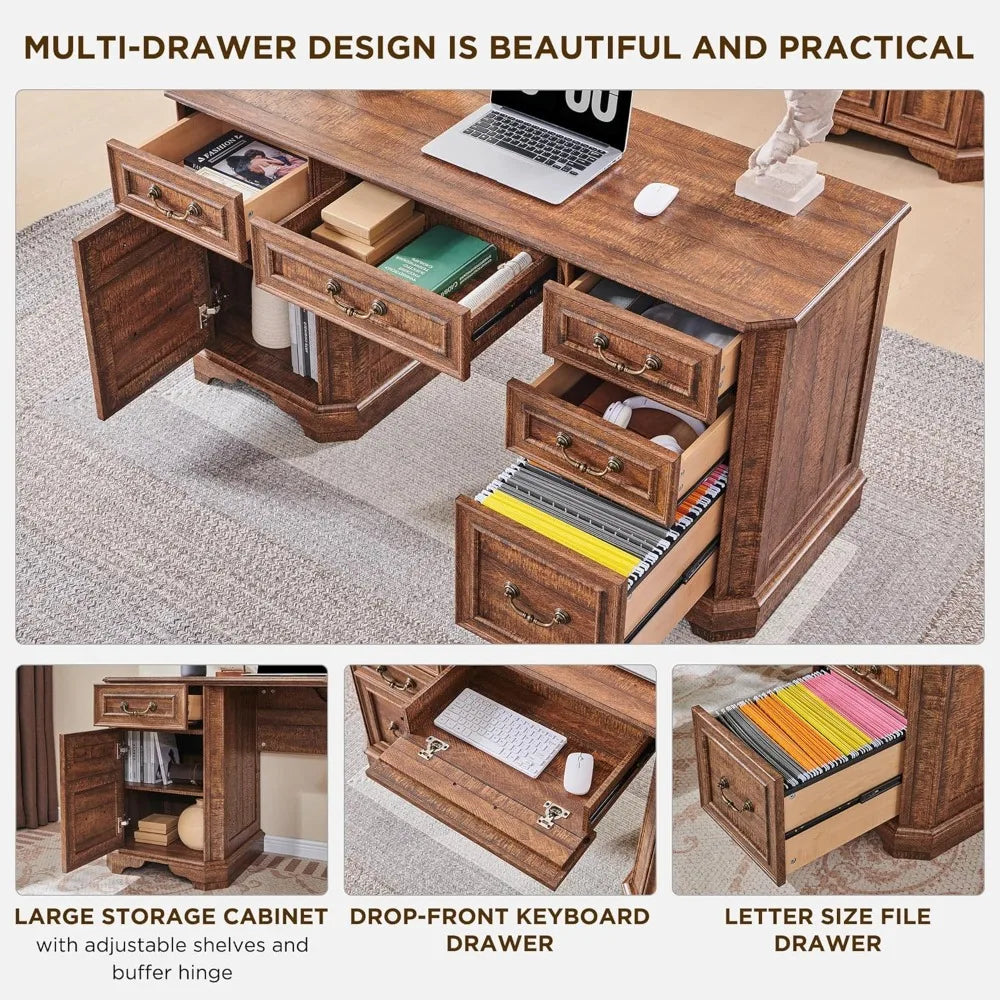 Farmhouse Style Executive Desk With Storage Drawers Keyboard Tray