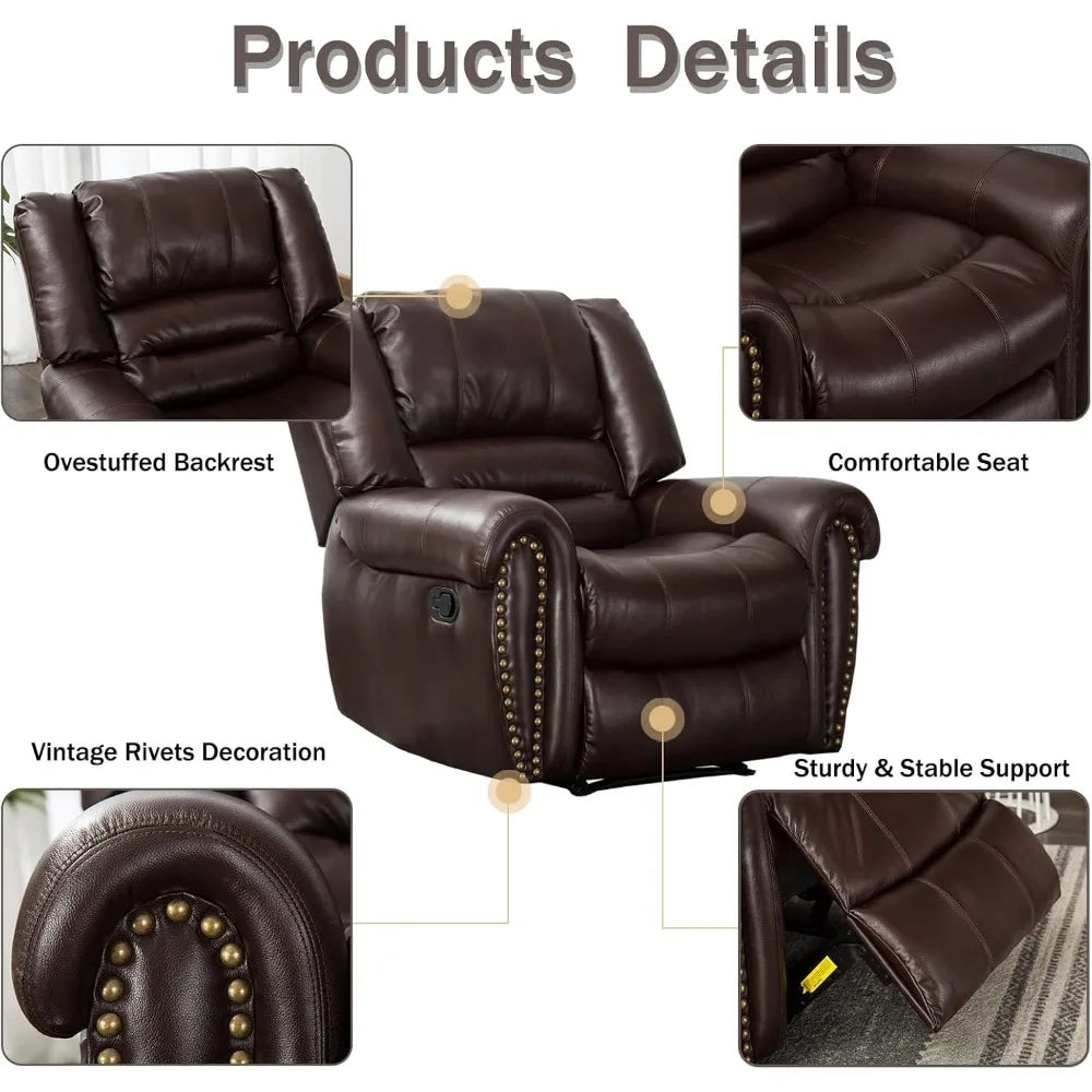 Leather Recliner Chair, Classic and Traditional Manual Recliner Chair with Comfortable Arms and Back Single Sofa for Living Roo